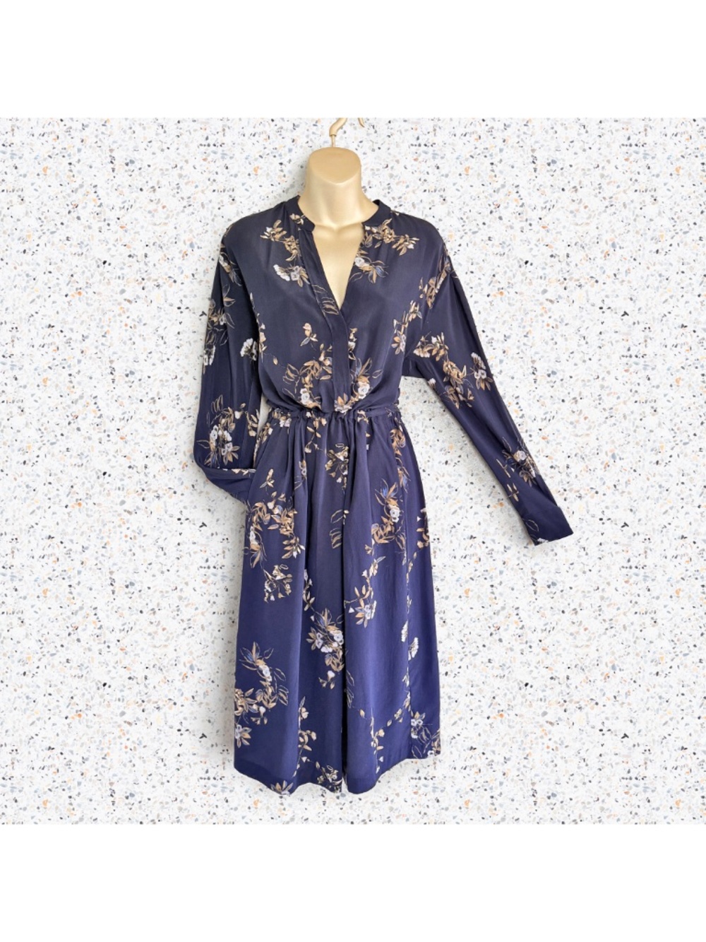 Vince Silk Floral Midi Shirt Dress Navy V-Neck Quiet Luxury Cottagecore Boho S